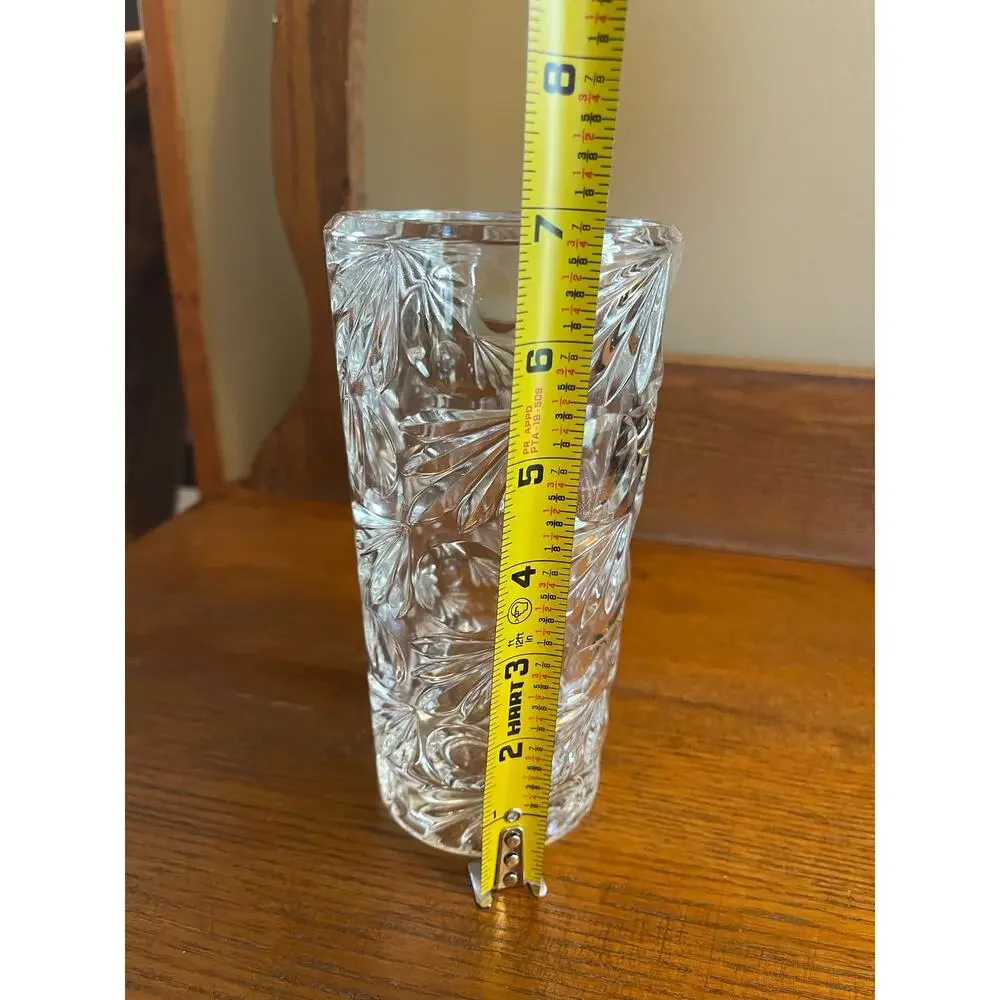 Vintage MCM Czech Republic Clear Cut Pressed Glass Cylander Vase 6 7/8”
